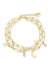 Load image into Gallery viewer, CZ, Moon, & Star Double Chain Bracelet