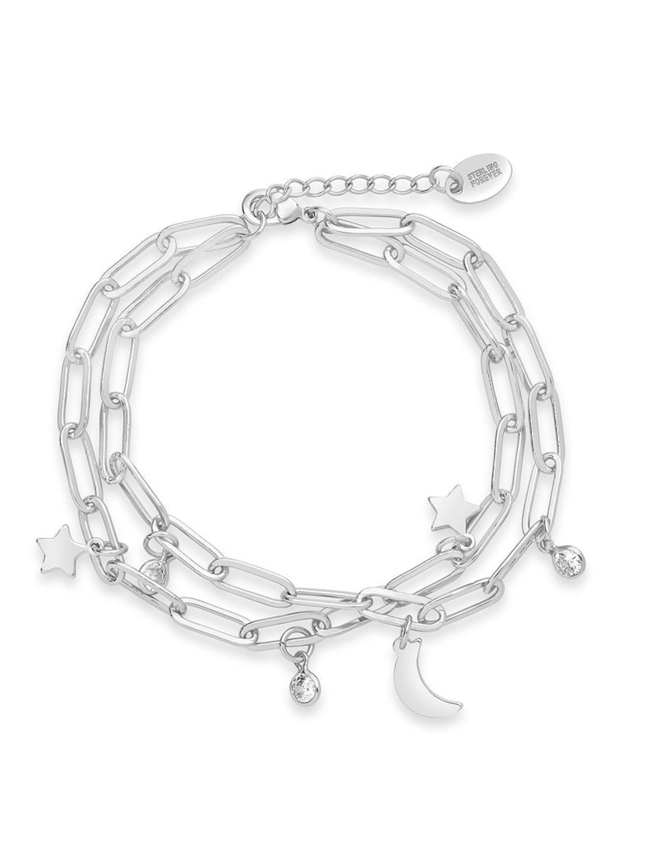 CZ, Moon, & Star Double Chain Bracelet